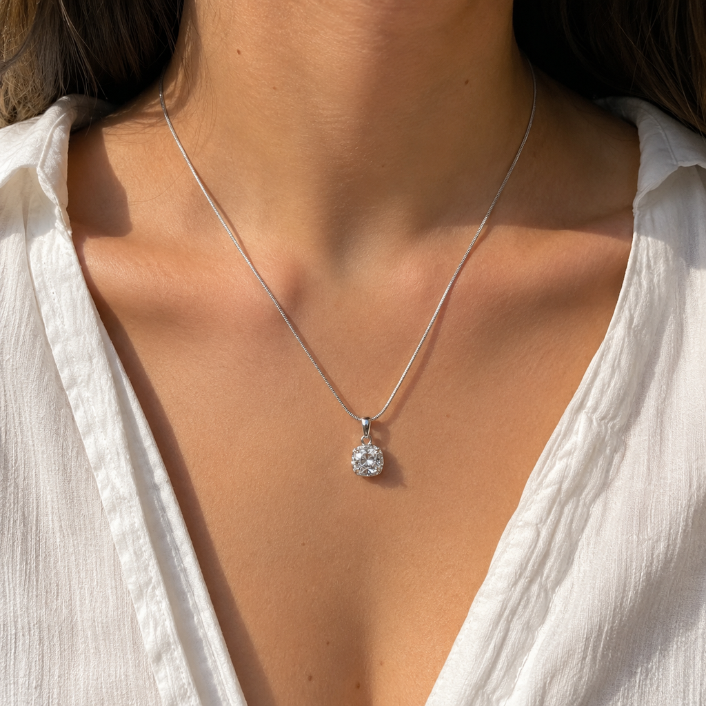Silver Crystal Pendant Necklace for Women – Elegant Cushion Cut Pendant