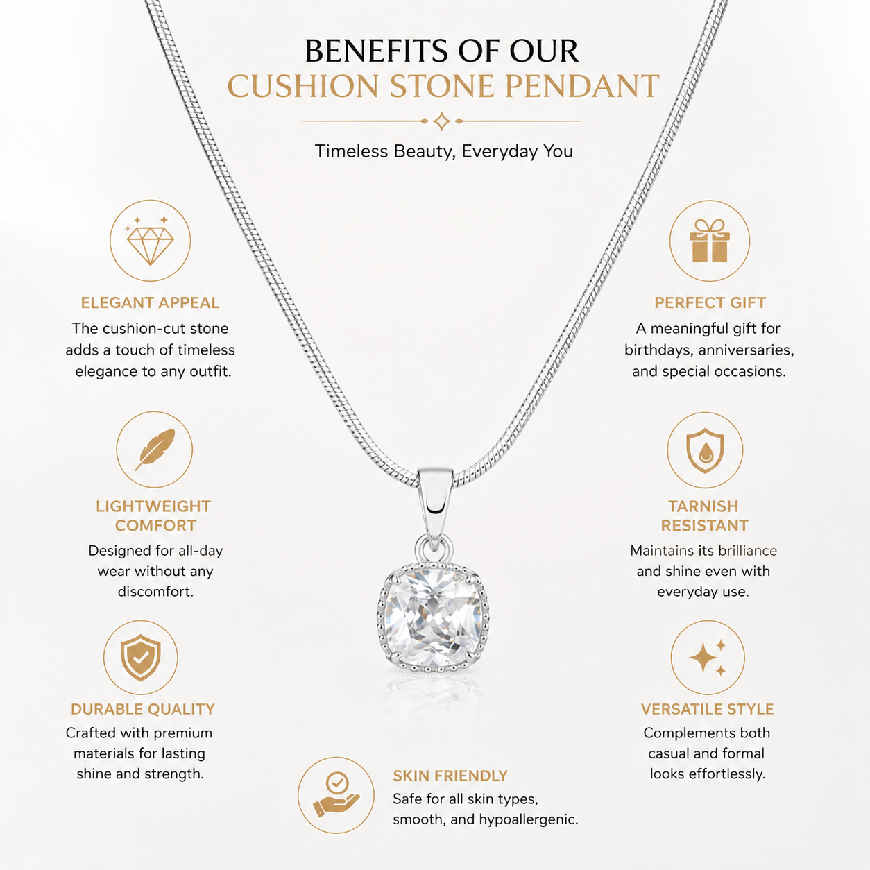 Silver Crystal Pendant Necklace for Women – Elegant Cushion Cut Pendant