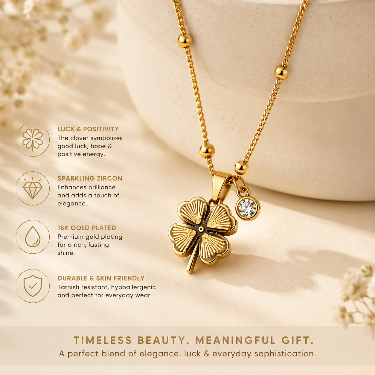 Lucky Clover Gold Pendant Necklace for Women | Elegant Charm Jewelry