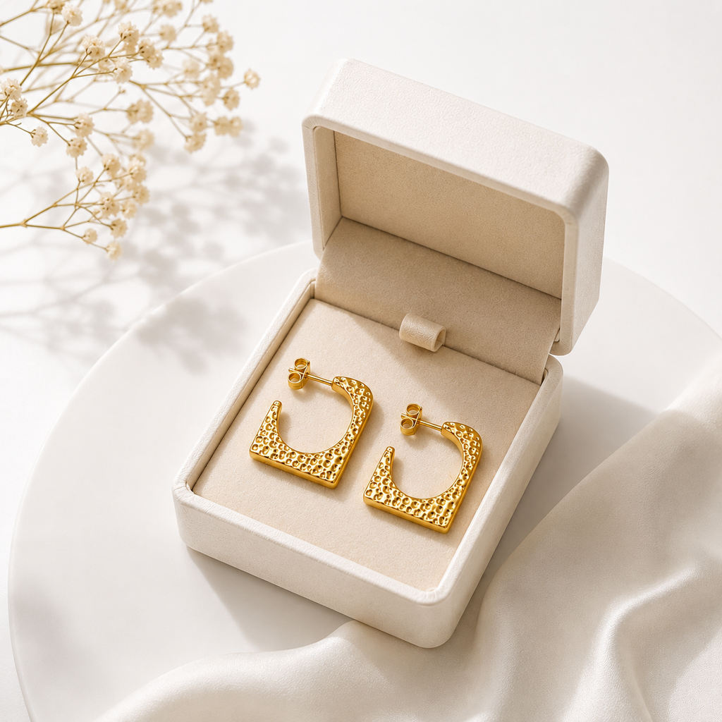 Gold Textured Square Hoop Earrings for Women | Anti-Tarnish Hypoallergenic
