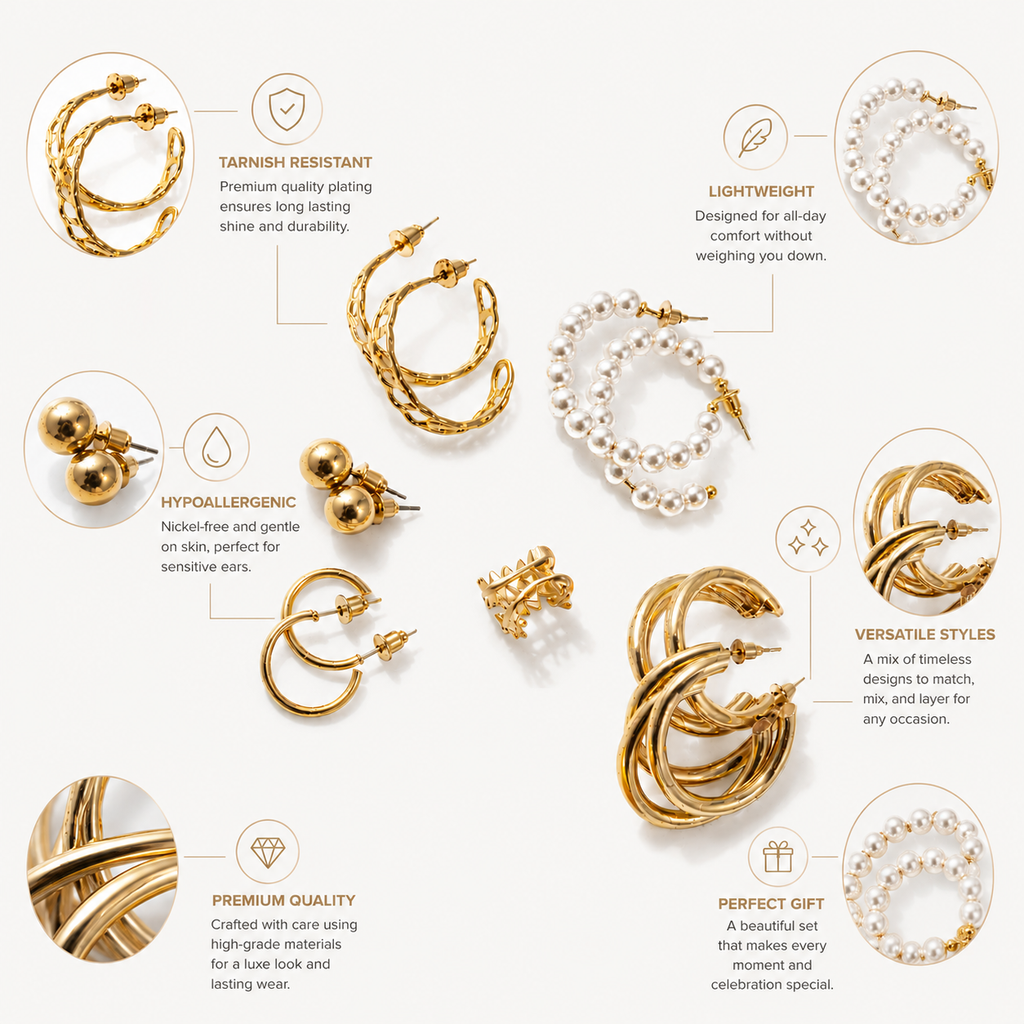 Gold & Pearl Earring Collection 18k Gold Plated 6-piece set Character count optimized
