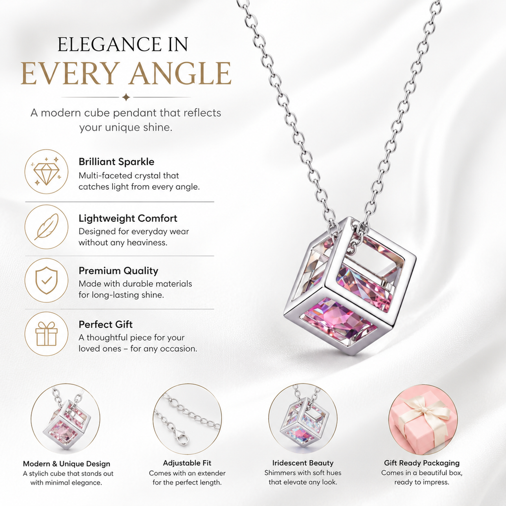 Pink Crystal Cube Pendant Necklace — Silver Geometric