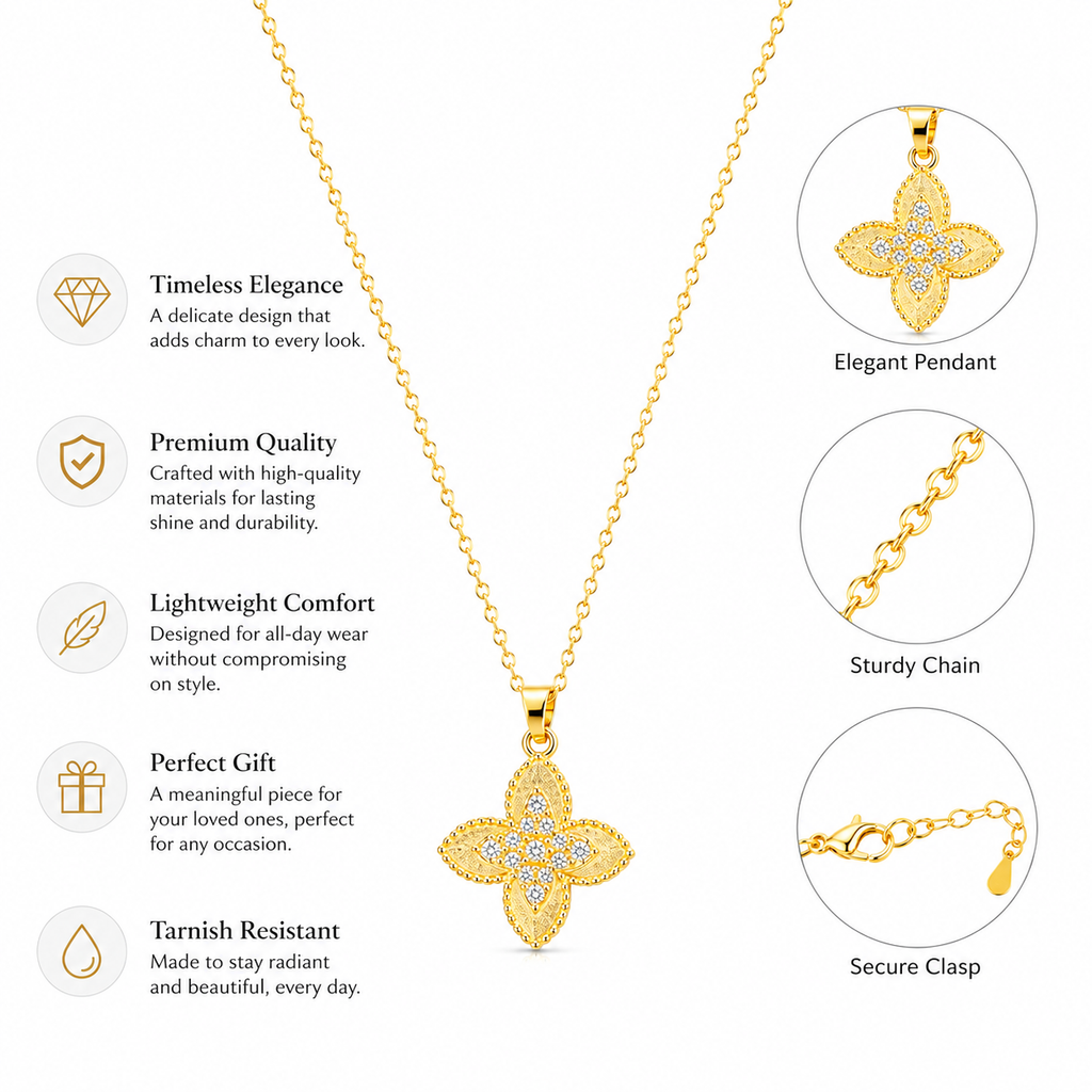 18K Gold Plated Four-Leaf Flower Pendant Necklace with Crystal Stones