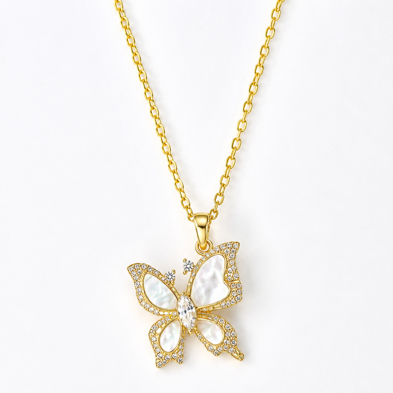 18K Gold Butterfly Pendant Necklace — Mother of Pearl & CZ