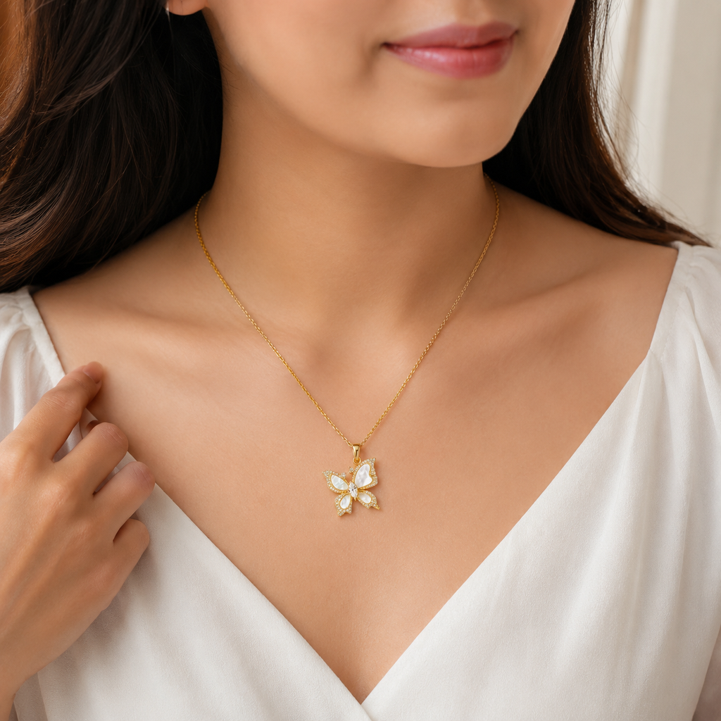 18K Gold Butterfly Pendant Necklace — Mother of Pearl & CZ