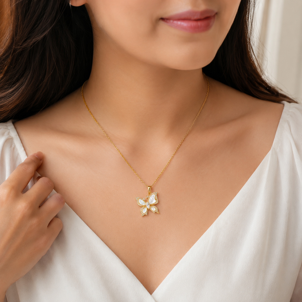18K Gold Butterfly Pendant Necklace — Mother of Pearl & CZ