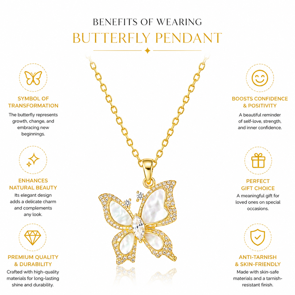 18K Gold Butterfly Pendant Necklace — Mother of Pearl & CZ