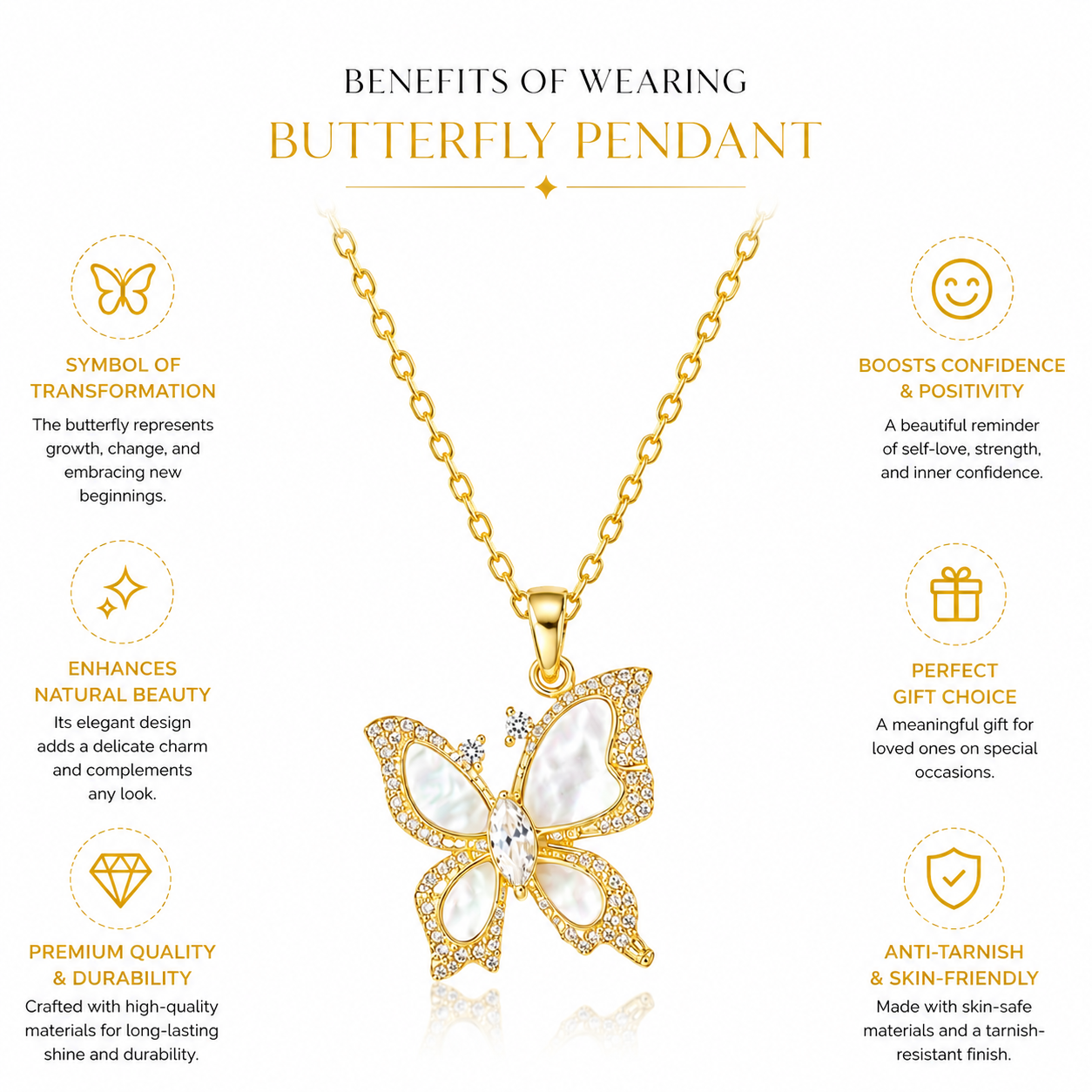 18K Gold Butterfly Pendant Necklace — Mother of Pearl & CZ