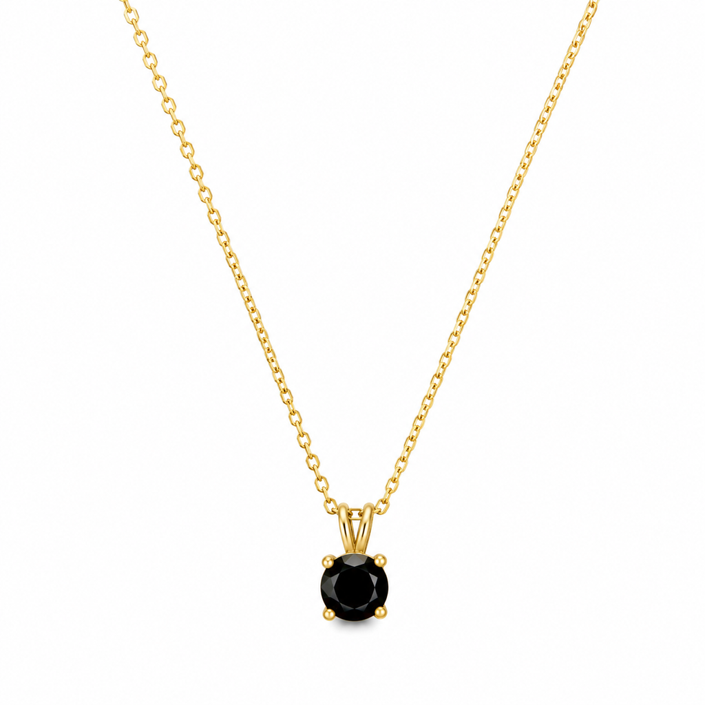 18K Gold Black Solitaire Pendant Necklace — Round Cut CZ