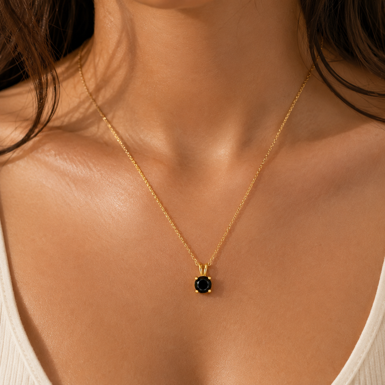 18K Gold Black Solitaire Pendant Necklace — Round Cut CZ