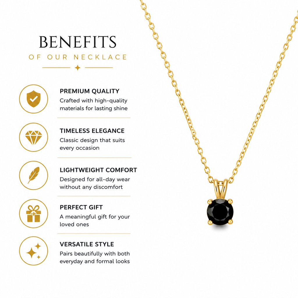 18K Gold Black Solitaire Pendant Necklace — Round Cut CZ