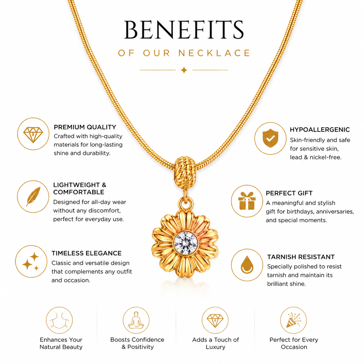 18K Gold Daisy Pendant Necklace with CZ Stone & Snake Chain