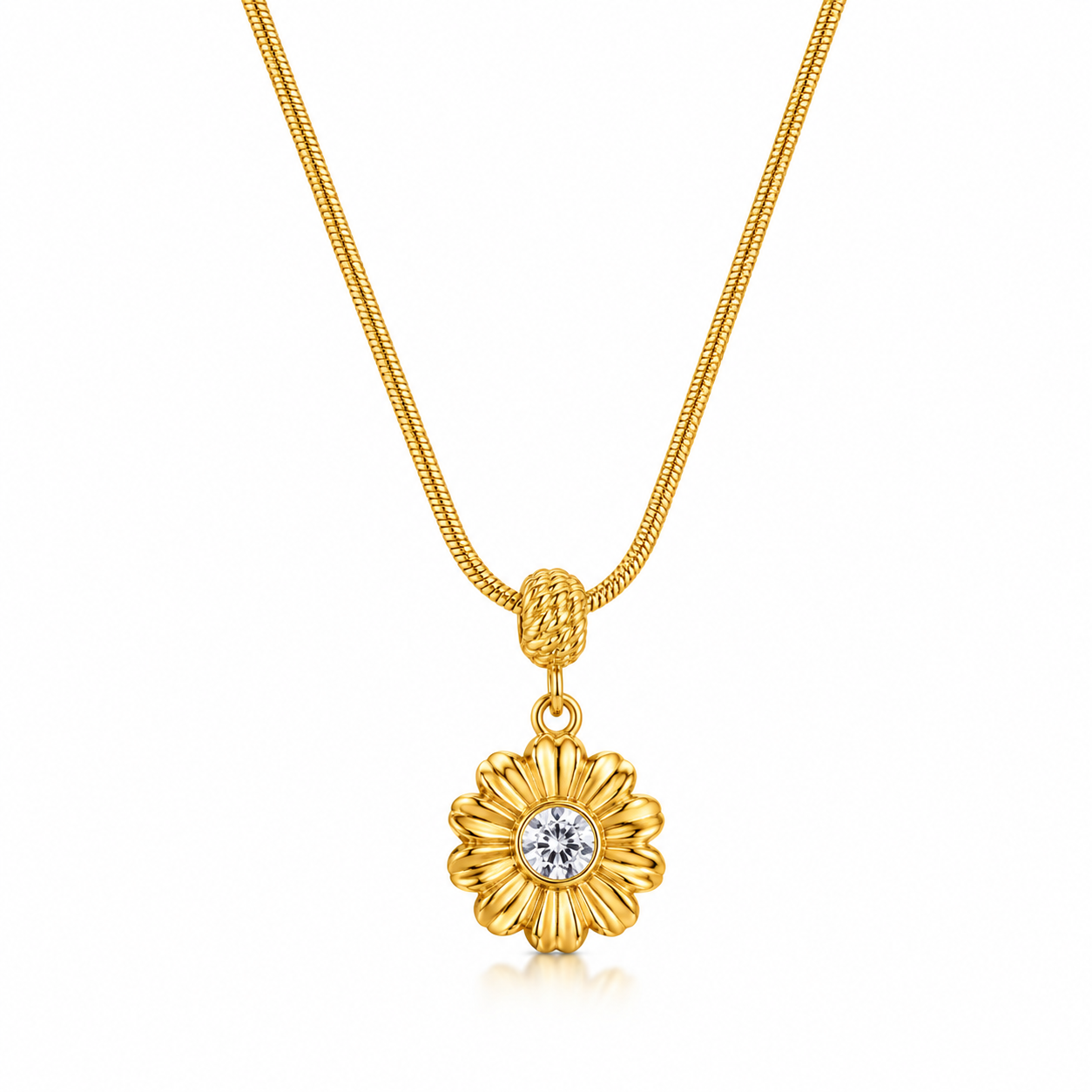 18K Gold Daisy Pendant Necklace with CZ Stone & Snake Chain