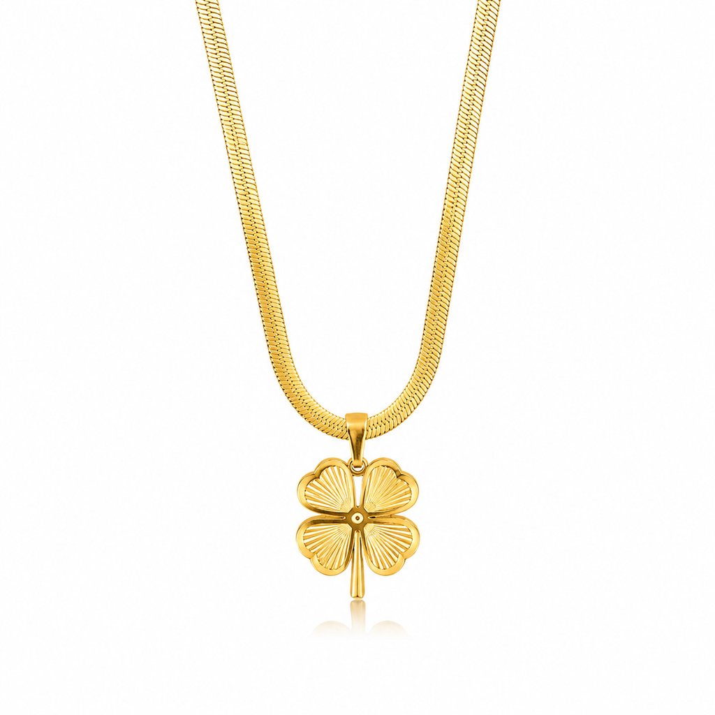 18K Gold Four-Leaf Clover Pendant Necklace — Herringbone Chain