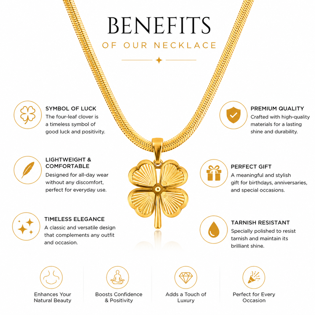 18K Gold Four-Leaf Clover Pendant Necklace — Herringbone Chain