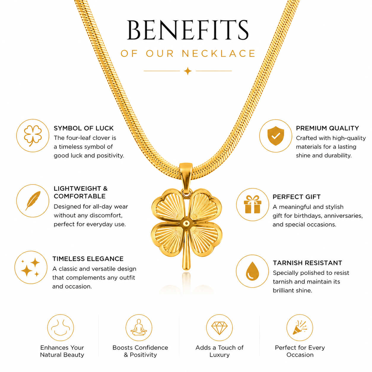 18K Gold Four-Leaf Clover Pendant Necklace — Herringbone Chain