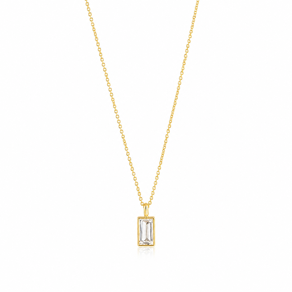 18K Gold Baguette CZ Pendant Necklace — Bezel Set Solitaire