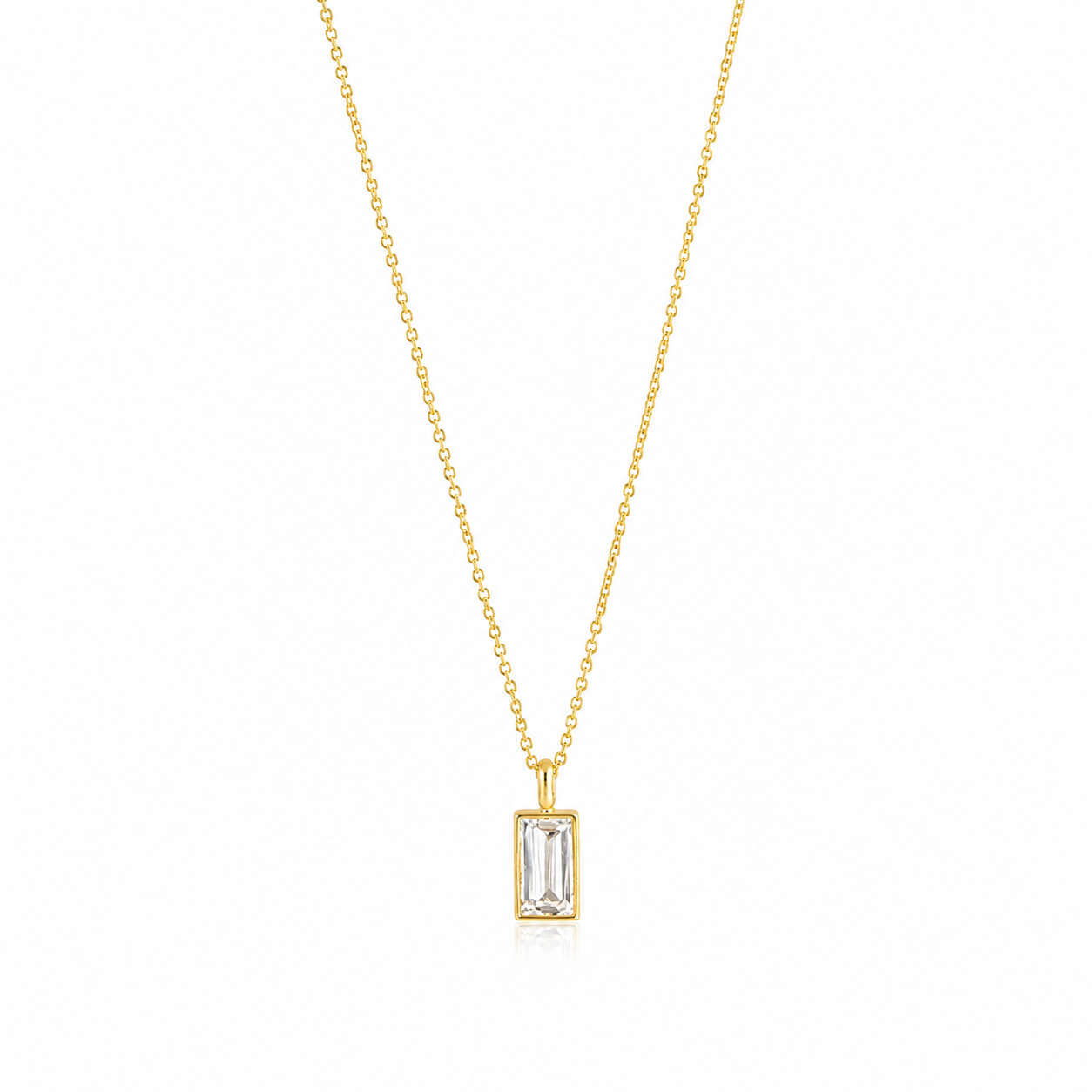 18K Gold Baguette CZ Pendant Necklace — Bezel Set Solitaire