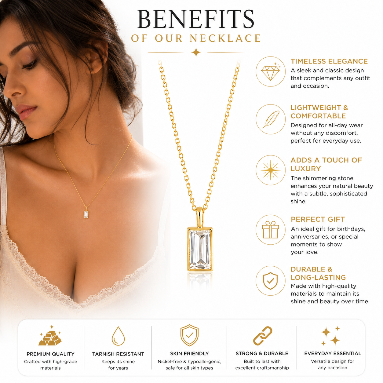 18K Gold Baguette CZ Pendant Necklace — Bezel Set Solitaire