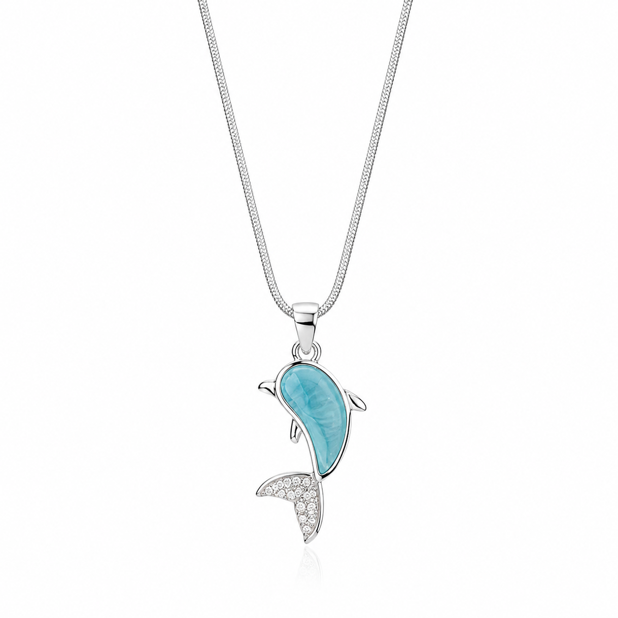 Larimar Dolphin Pendant Necklace – Silver CZ Crystal Snake Chain