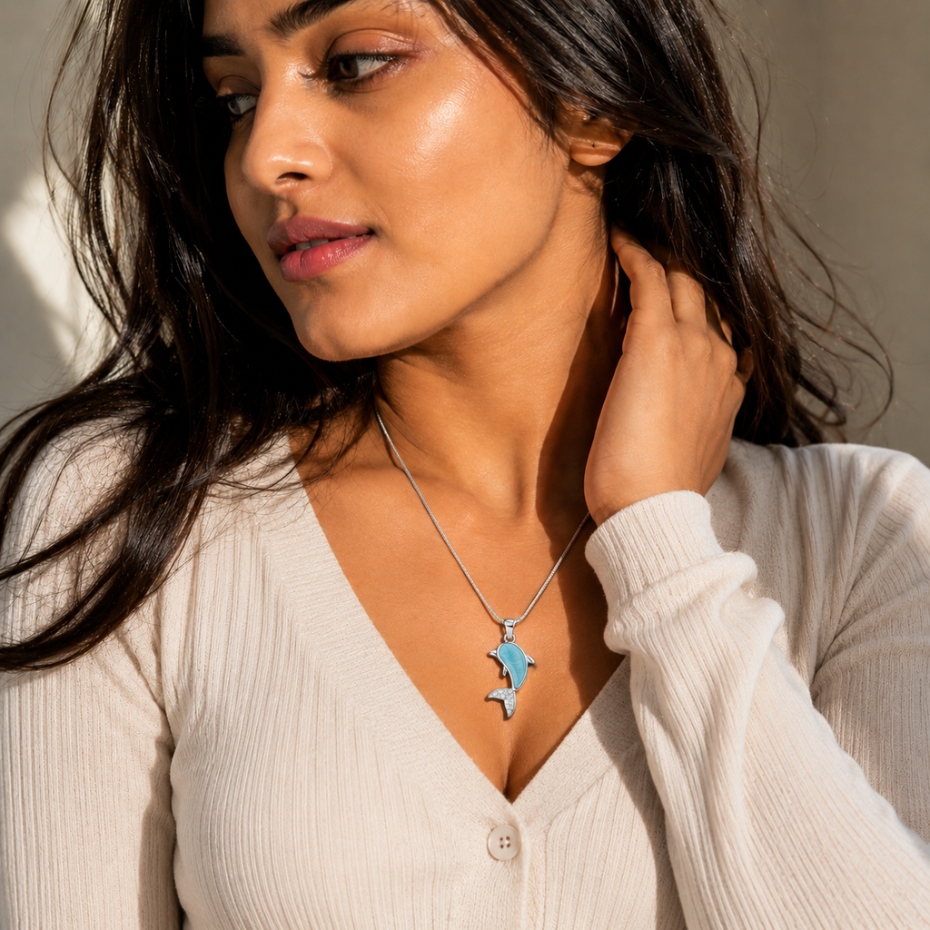 Larimar Dolphin Pendant Necklace – Silver CZ Crystal Snake Chain