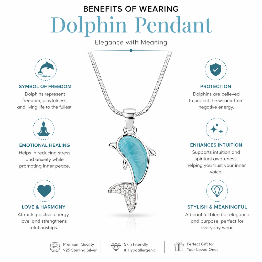 Larimar Dolphin Pendant Necklace – Silver CZ Crystal Snake Chain