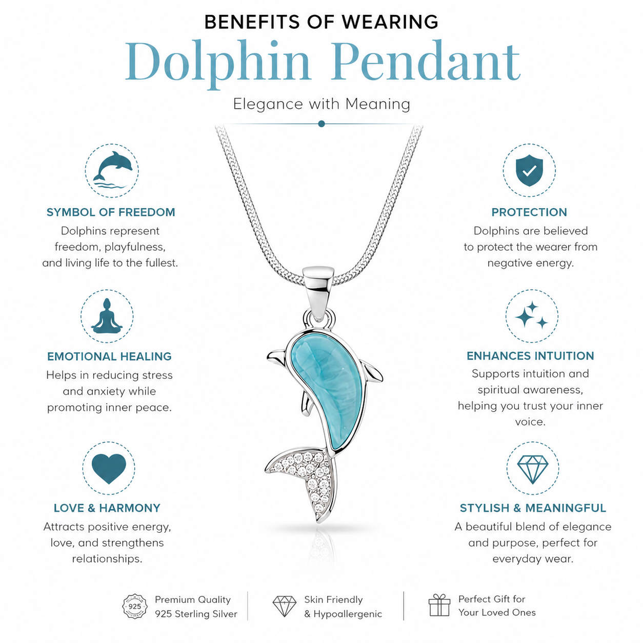 Larimar Dolphin Pendant Necklace – Silver CZ Crystal Snake Chain