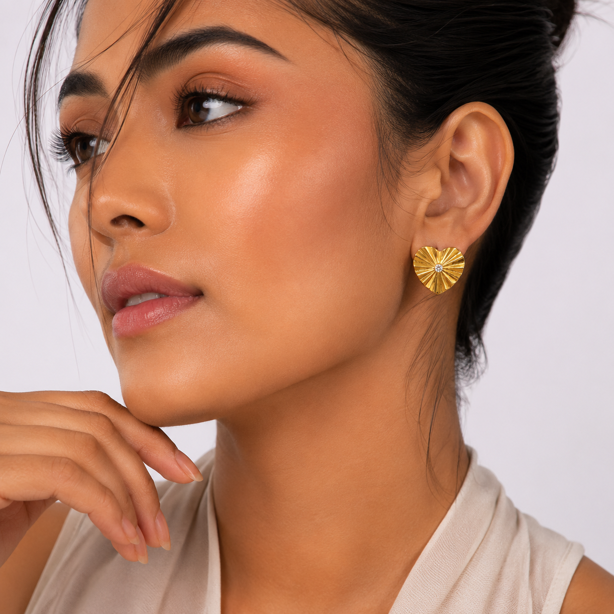 Gold Heart Stud Earrings | Crystal Center Statement Jewelry for Women