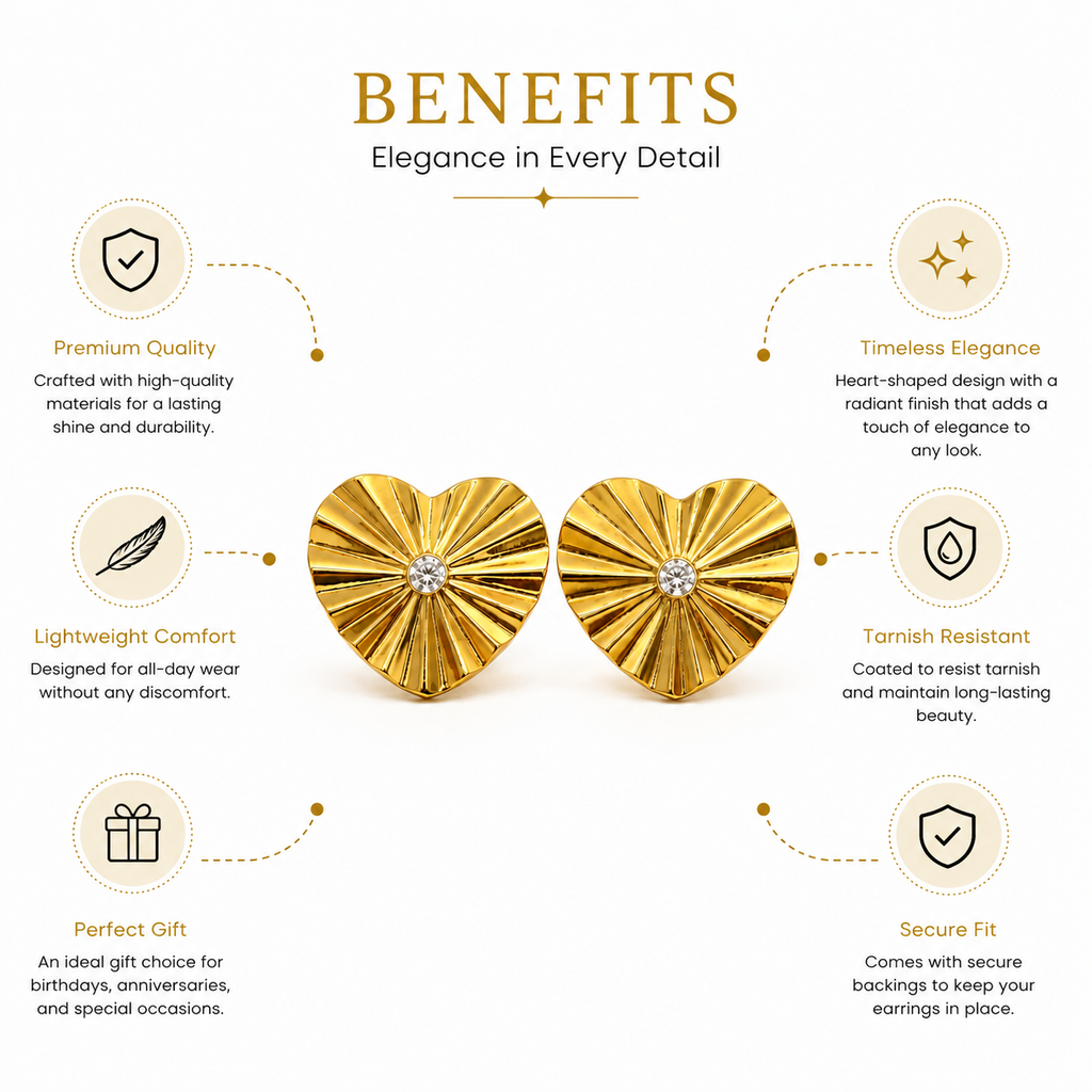 Gold Heart Stud Earrings | Crystal Center Statement Jewelry for Women