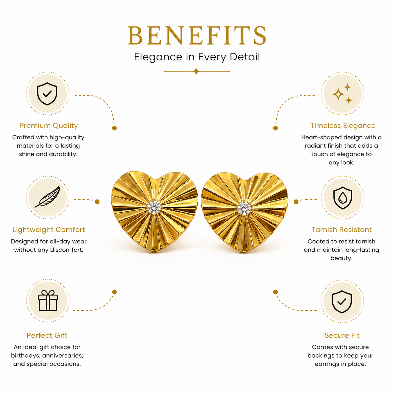 Gold Heart Stud Earrings | Crystal Center Statement Jewelry for Women