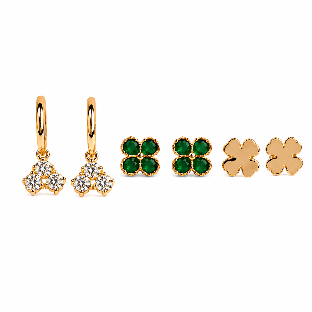Gold Earrings Combo Set of 3 | Crystal Hoops, Emerald Studs & Clover Studs