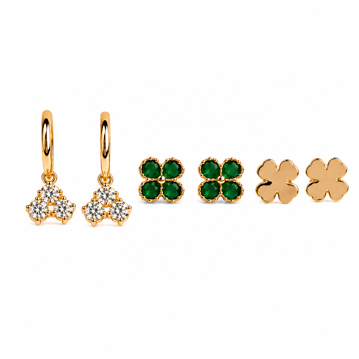 Gold Earrings Combo Set of 3 | Crystal Hoops, Emerald Studs & Clover Studs