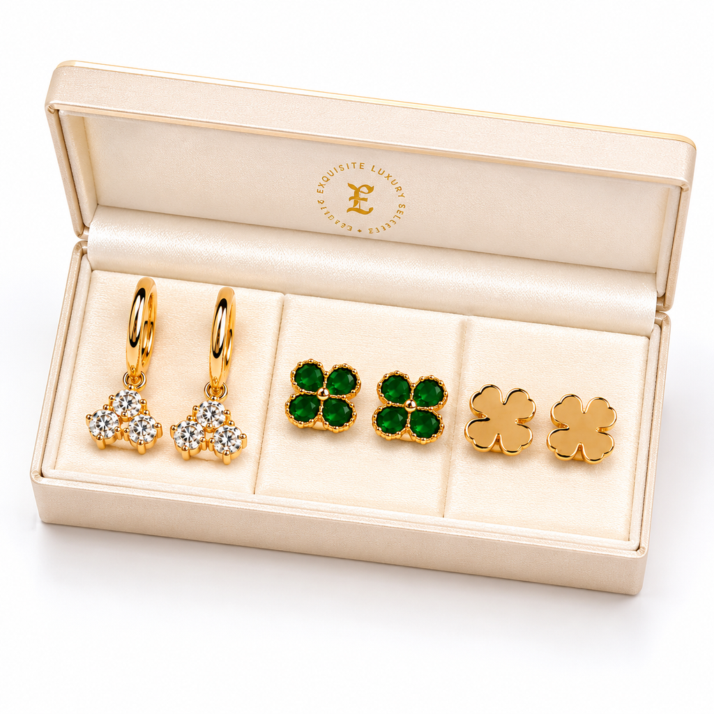 Gold Earrings Combo Set of 3 | Crystal Hoops, Emerald Studs & Clover Studs