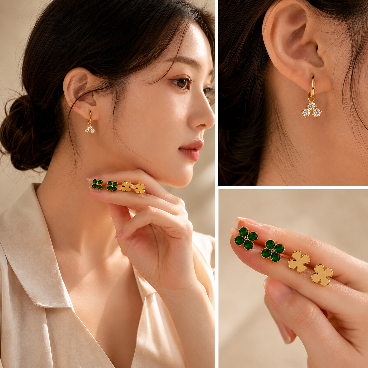 Gold Earrings Combo Set of 3 | Crystal Hoops, Emerald Studs & Clover Studs