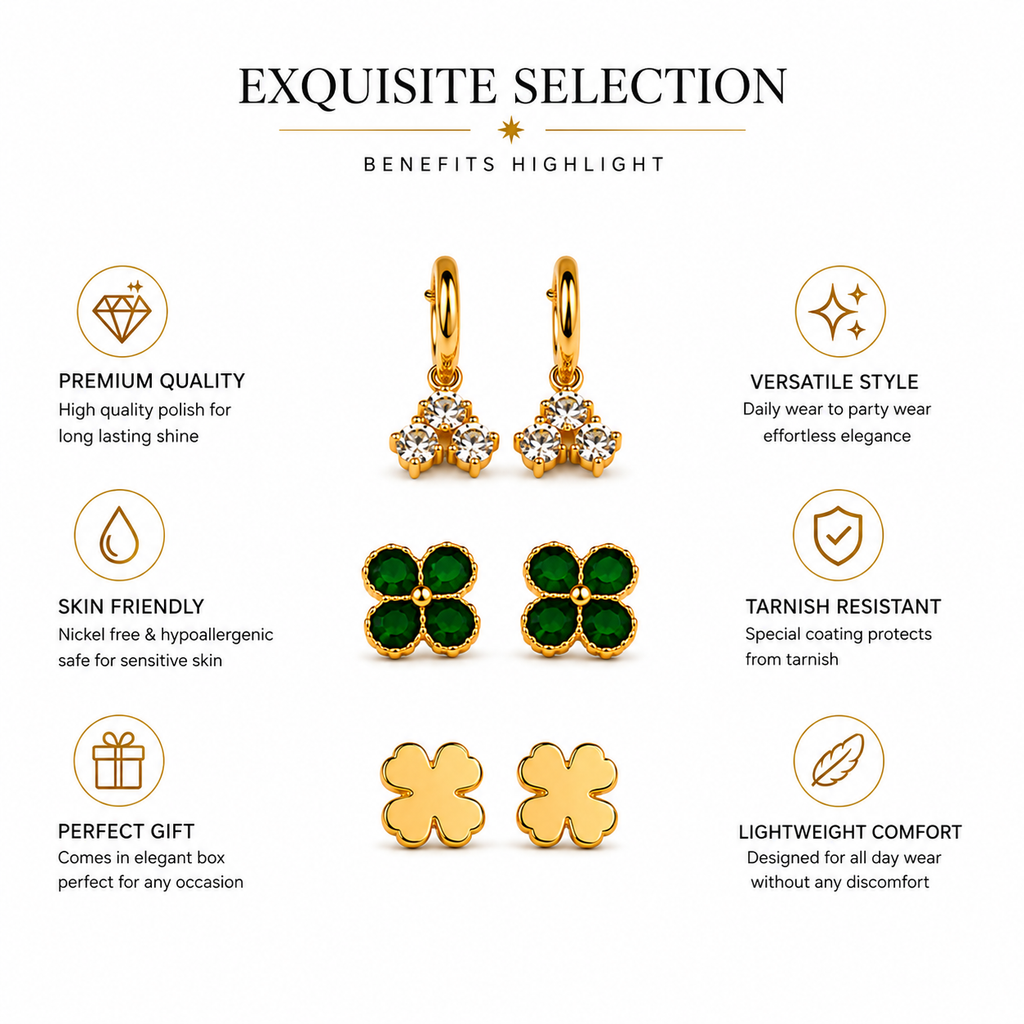 Gold Earrings Combo Set of 3 | Crystal Hoops, Emerald Studs & Clover Studs