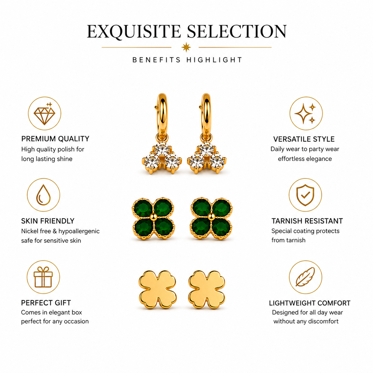 Gold Earrings Combo Set of 3 | Crystal Hoops, Emerald Studs & Clover Studs