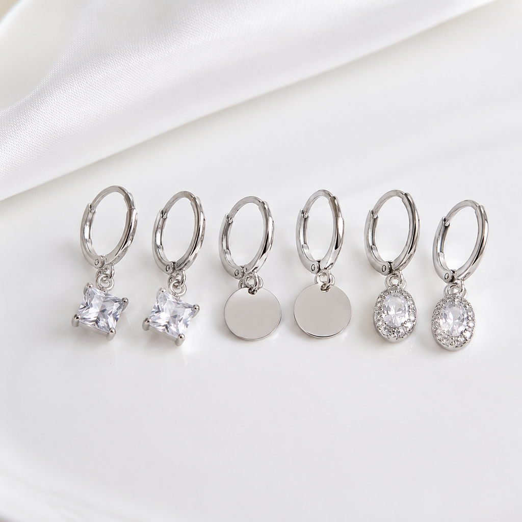 Silver Hoop Earrings Combo Set of 3 | Crystal Drop, Coin & Zirconia Charm Earrings