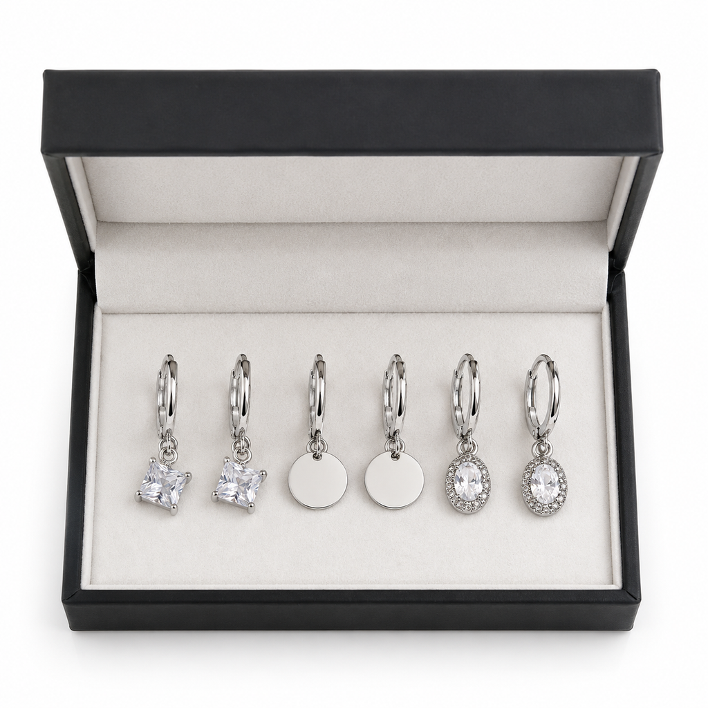 Silver Hoop Earrings Combo Set of 3 | Crystal Drop, Coin & Zirconia Charm Earrings