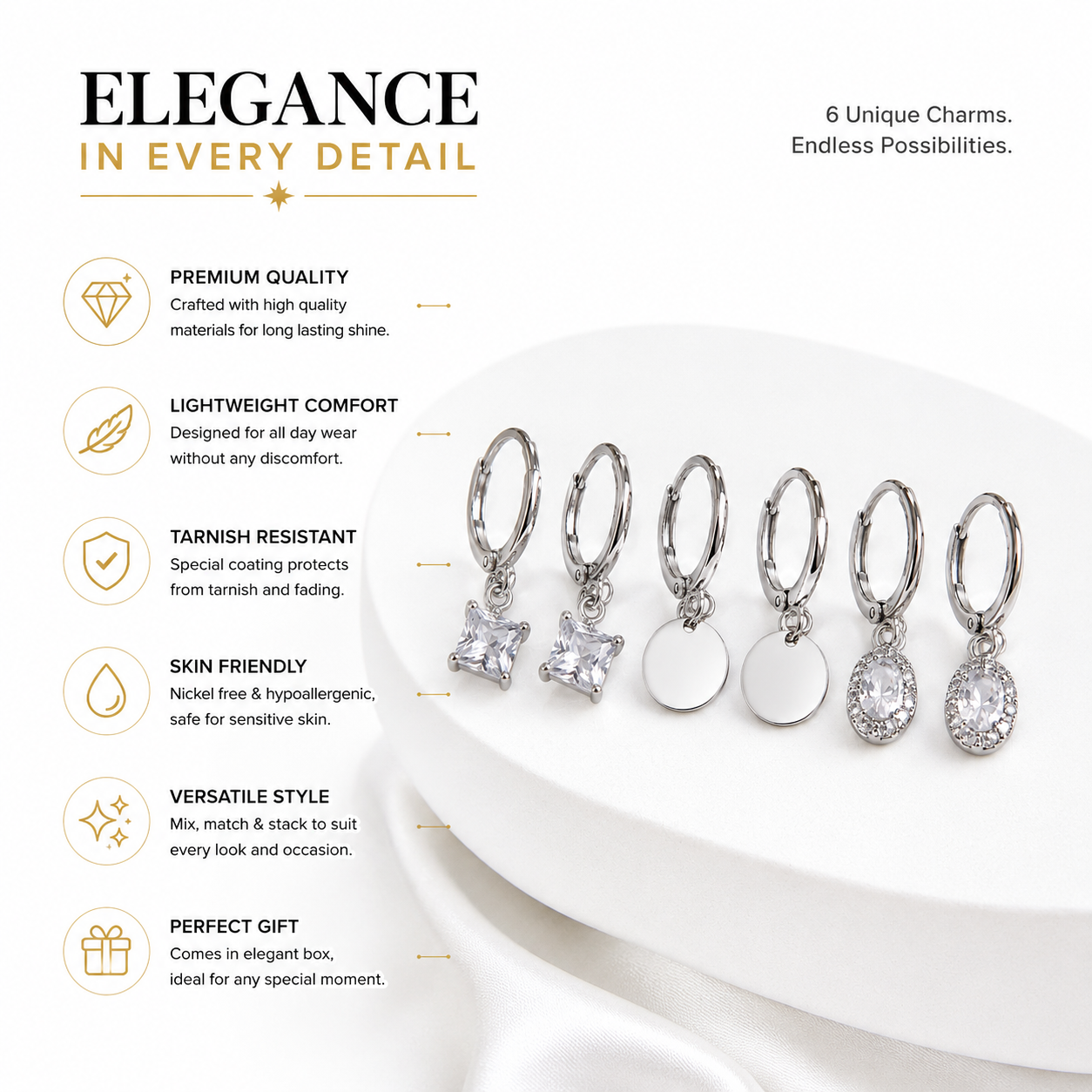 Silver Hoop Earrings Combo Set of 3 | Crystal Drop, Coin & Zirconia Charm Earrings
