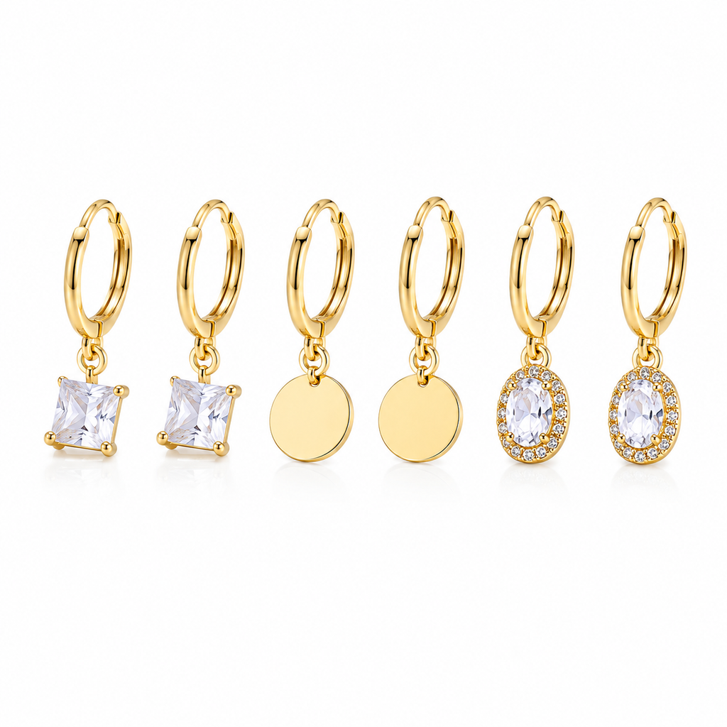 Gold Hoop Earrings Combo Set of 3 | Crystal Drop, Coin & Oval Zirconia Charm Earrings