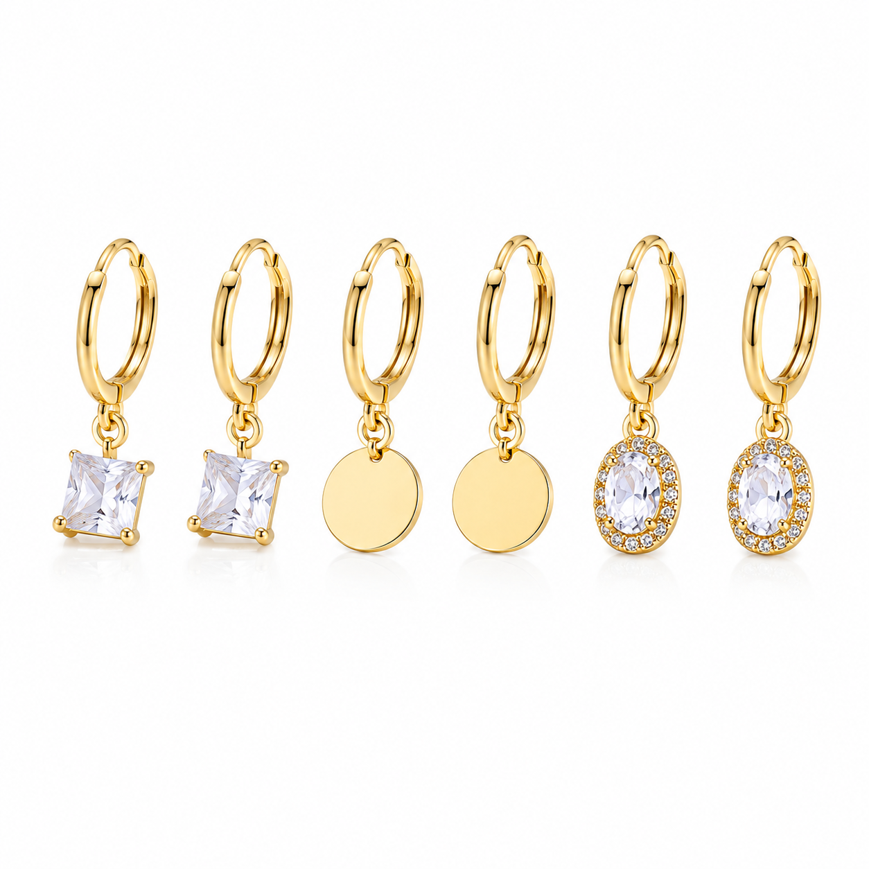 Gold Hoop Earrings Combo Set of 3 | Crystal Drop, Coin & Oval Zirconia Charm Earrings