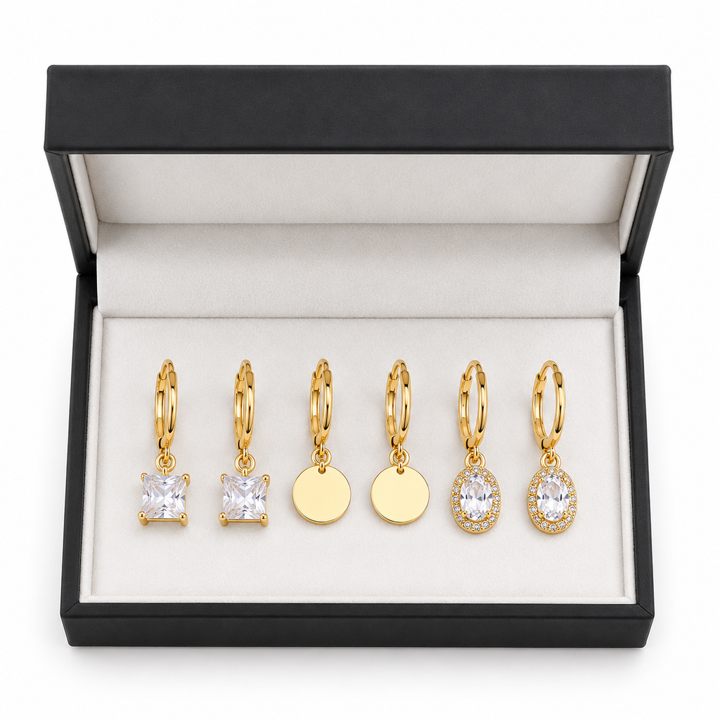 Gold Hoop Earrings Combo Set of 3 | Crystal Drop, Coin & Oval Zirconia Charm Earrings