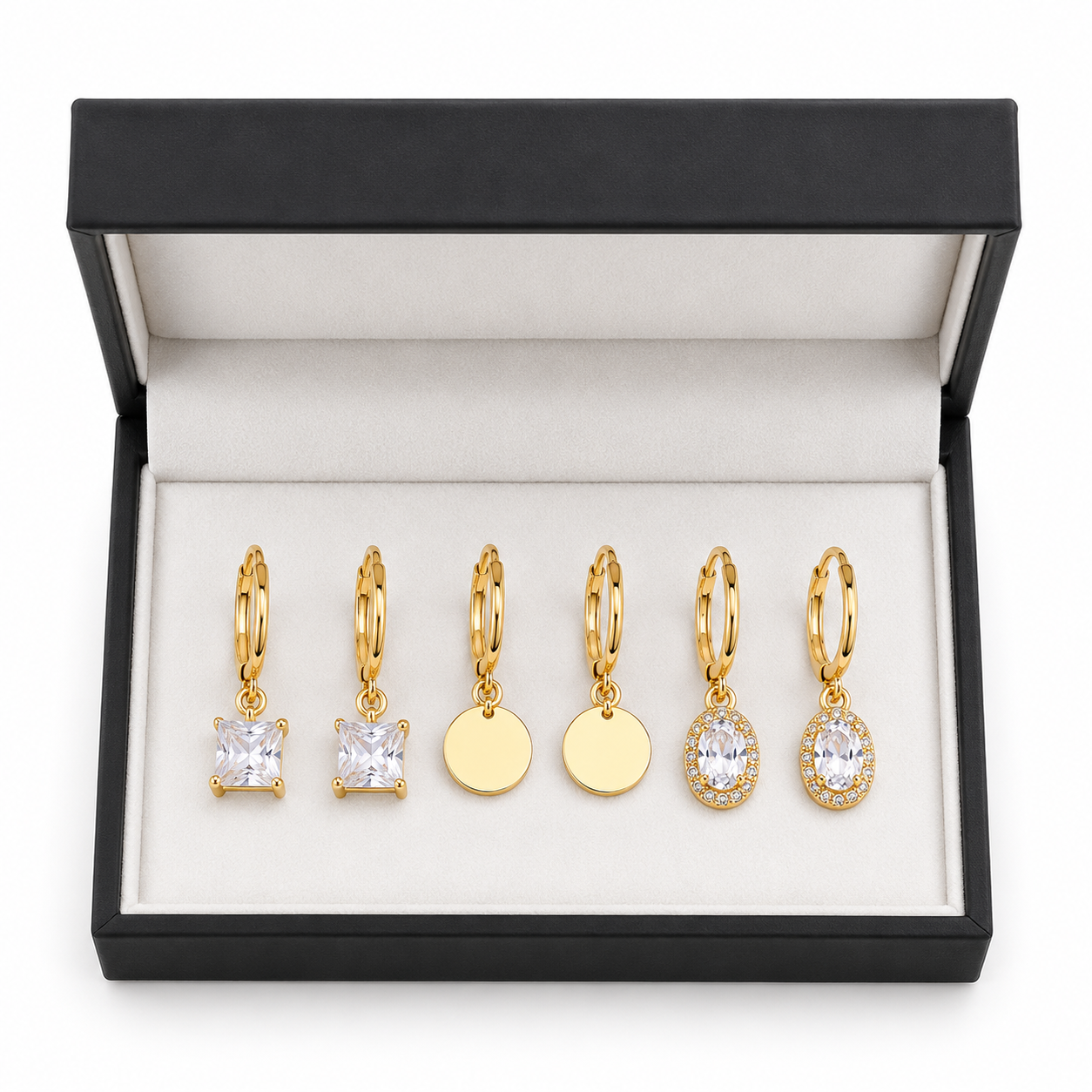 Gold Hoop Earrings Combo Set of 3 | Crystal Drop, Coin & Oval Zirconia Charm Earrings
