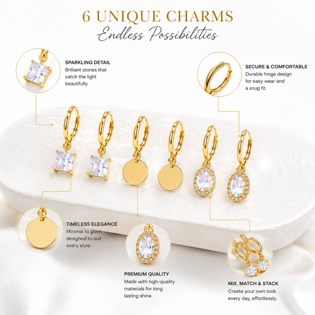 Gold Hoop Earrings Combo Set of 3 | Crystal Drop, Coin & Oval Zirconia Charm Earrings