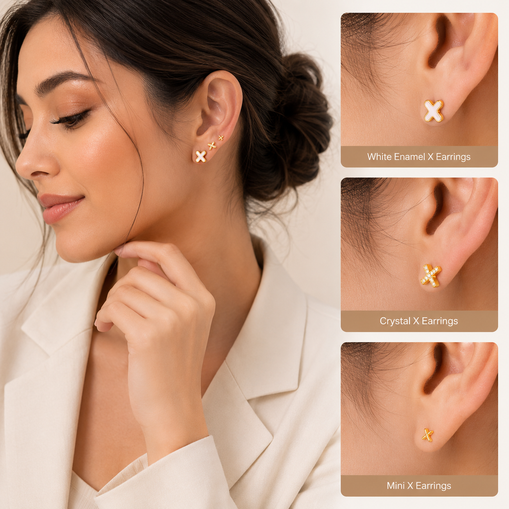 Gold X Cross Stud Earrings Gift Set of 3 | Enamel, Crystal & Minimal Studs