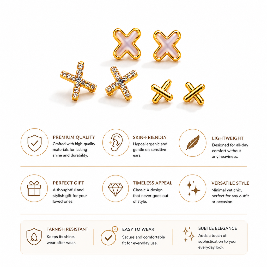 Gold X Cross Stud Earrings Gift Set of 3 | Enamel, Crystal & Minimal Studs
