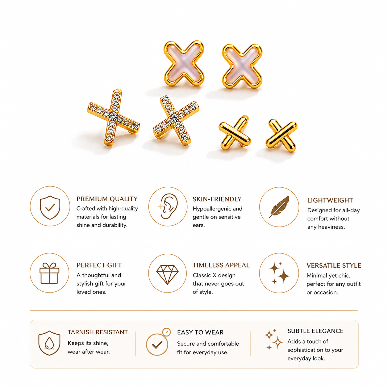 Gold X Cross Stud Earrings Gift Set of 3 | Enamel, Crystal & Minimal Studs