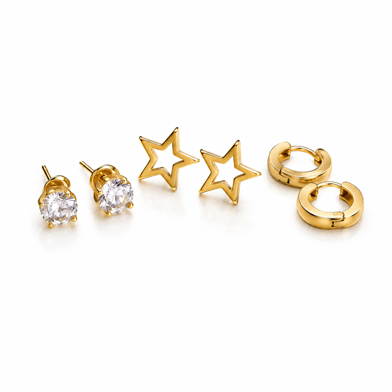 Gold Earrings Combo Set of 3 | Crystal Studs, Star & Huggie Hoop Earrings for Women