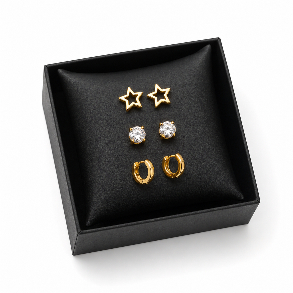 Gold Earrings Combo Set of 3 | Crystal Studs, Star & Huggie Hoop Earrings for Women