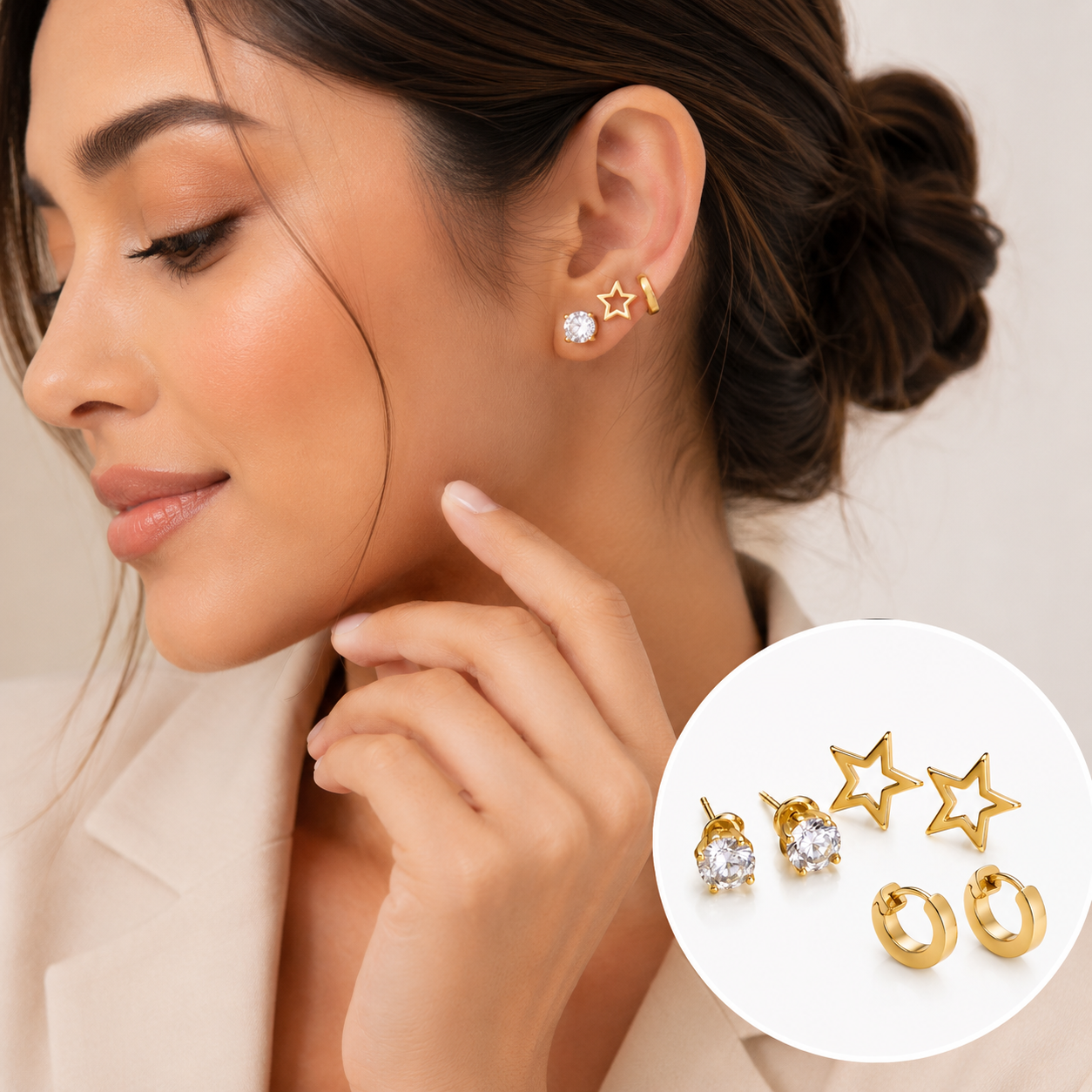 Gold Earrings Combo Set of 3 | Crystal Studs, Star & Huggie Hoop Earrings for Women